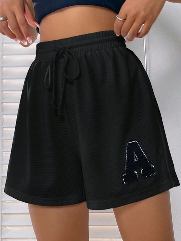 EZwear Letter Patched Drawstring Waist Shorts