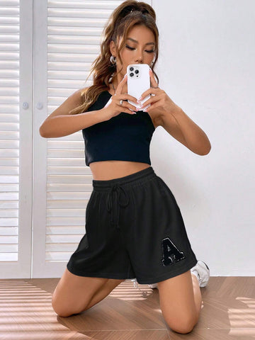 EZwear Letter Patched Drawstring Waist Shorts