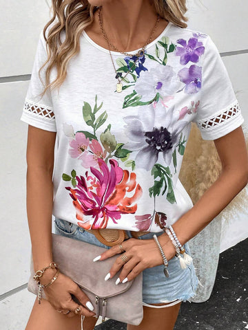 EMERY ROSE Floral Print Contrast Lace Tee