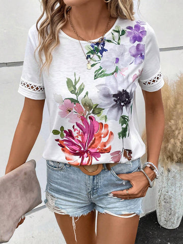 EMERY ROSE Floral Print Contrast Lace Tee