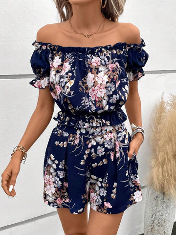 EMERY ROSE Floral Print Off Shoulder Frill Trim Top & Shorts