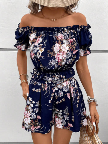 EMERY ROSE Floral Print Off Shoulder Frill Trim Top & Shorts