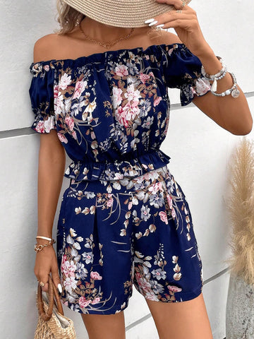 EMERY ROSE Floral Print Off Shoulder Frill Trim Top & Shorts