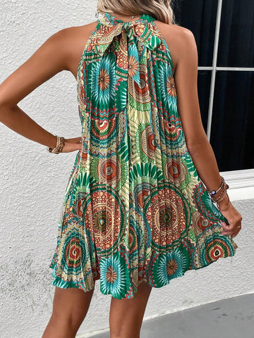 EMERY ROSE Mandala Print Pleated Detail Halter Neck Dress