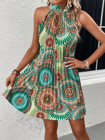 EMERY ROSE Mandala Print Pleated Detail Halter Neck Dress