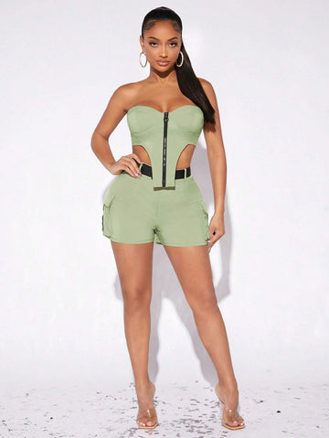 Zip Up Tube Top & Buckle Belted Flap Pocket Shorts