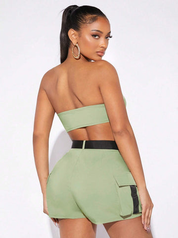 Zip Up Tube Top & Buckle Belted Flap Pocket Shorts