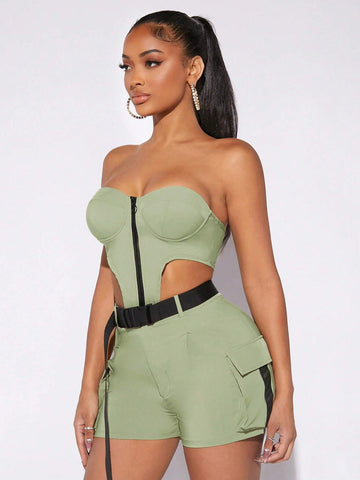 Zip Up Tube Top & Buckle Belted Flap Pocket Shorts