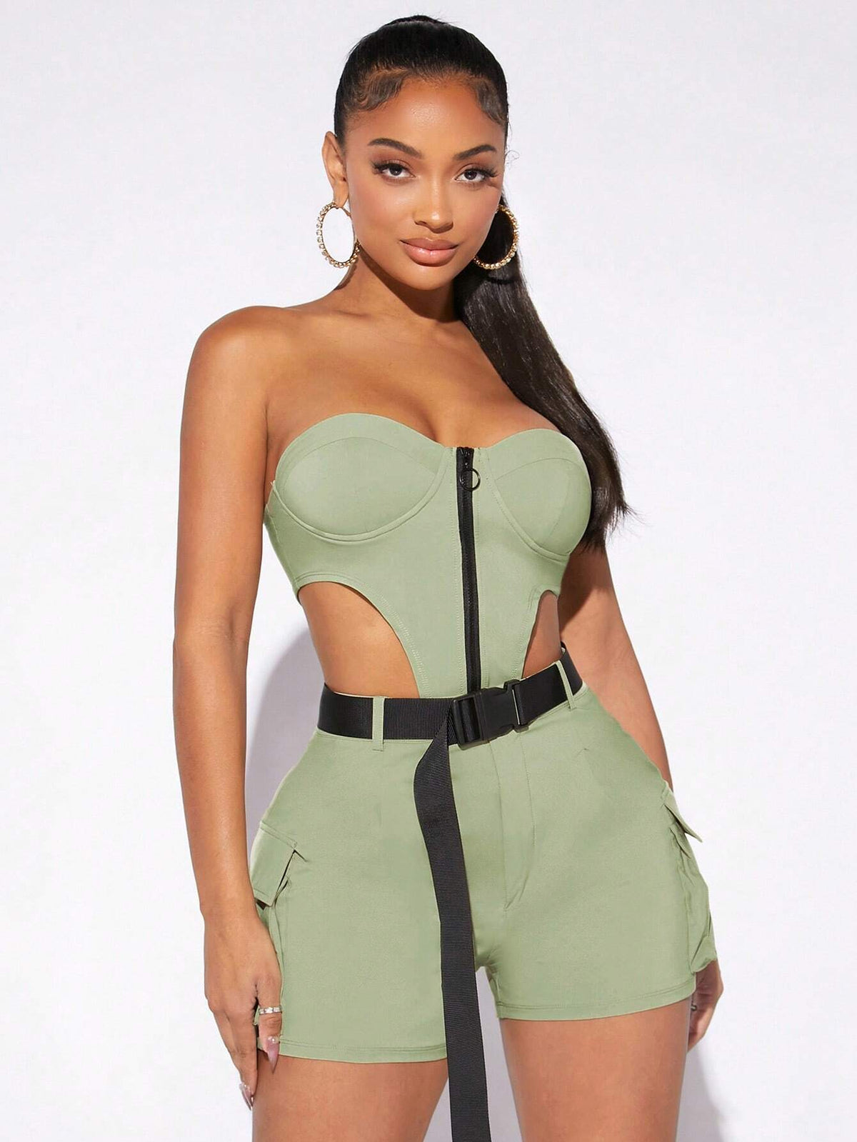 Zip Up Tube Top & Buckle Belted Flap Pocket Shorts