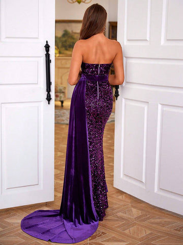 LOVE&LEMONADE Split Thigh Floor Length Sequin Prom Dress