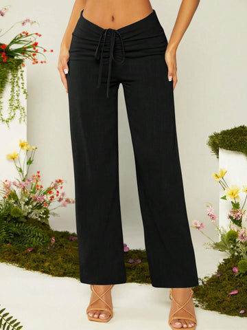VCAY Drawstring Ruched Front Solid Pants