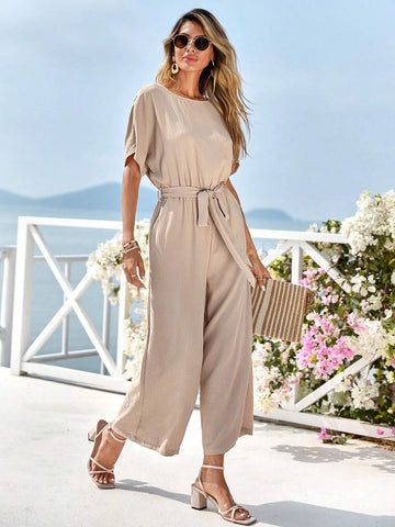 EMERY ROSE Solid Belted Wide Leg Jumpsuit