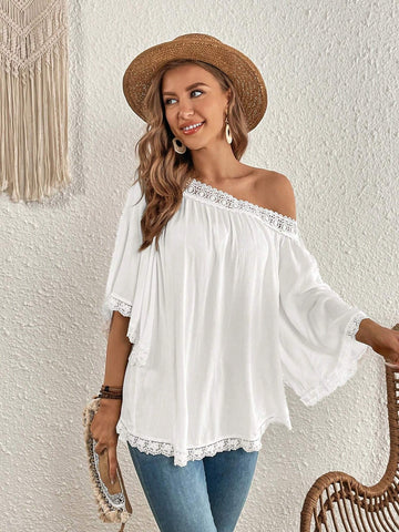 Guipure Lace Trim Asymmetrical Neck Trumpet Sleeve Blouse