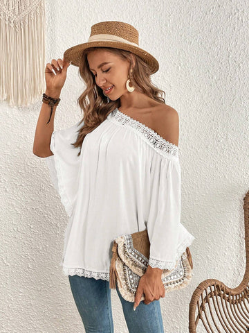 Guipure Lace Trim Asymmetrical Neck Trumpet Sleeve Blouse