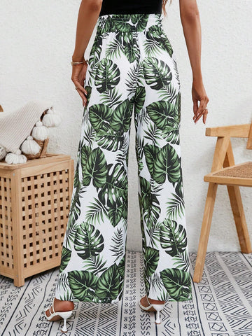 Tropical Print Slant Pocket Wide Leg Pants