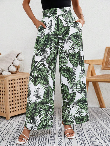 Tropical Print Slant Pocket Wide Leg Pants