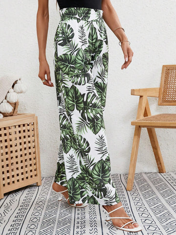 Tropical Print Slant Pocket Wide Leg Pants