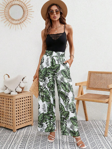 Tropical Print Slant Pocket Wide Leg Pants