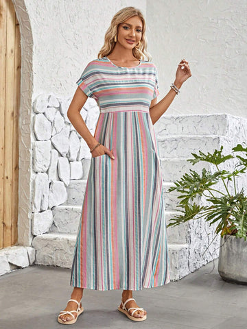 EMERY ROSE Striped Print Batwing Sleeve Hidden Pocket Dress