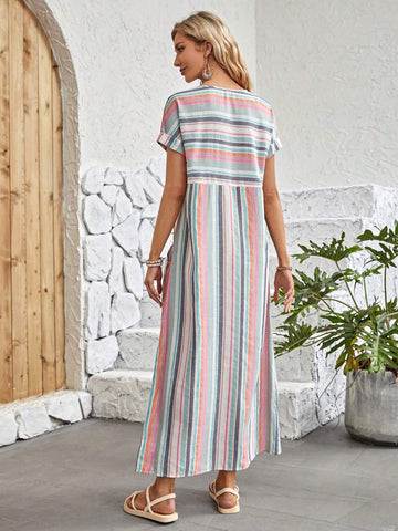EMERY ROSE Striped Print Batwing Sleeve Hidden Pocket Dress