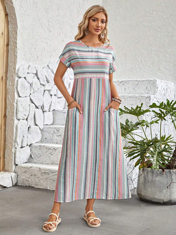 EMERY ROSE Striped Print Batwing Sleeve Hidden Pocket Dress