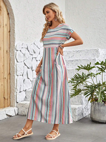 EMERY ROSE Striped Print Batwing Sleeve Hidden Pocket Dress
