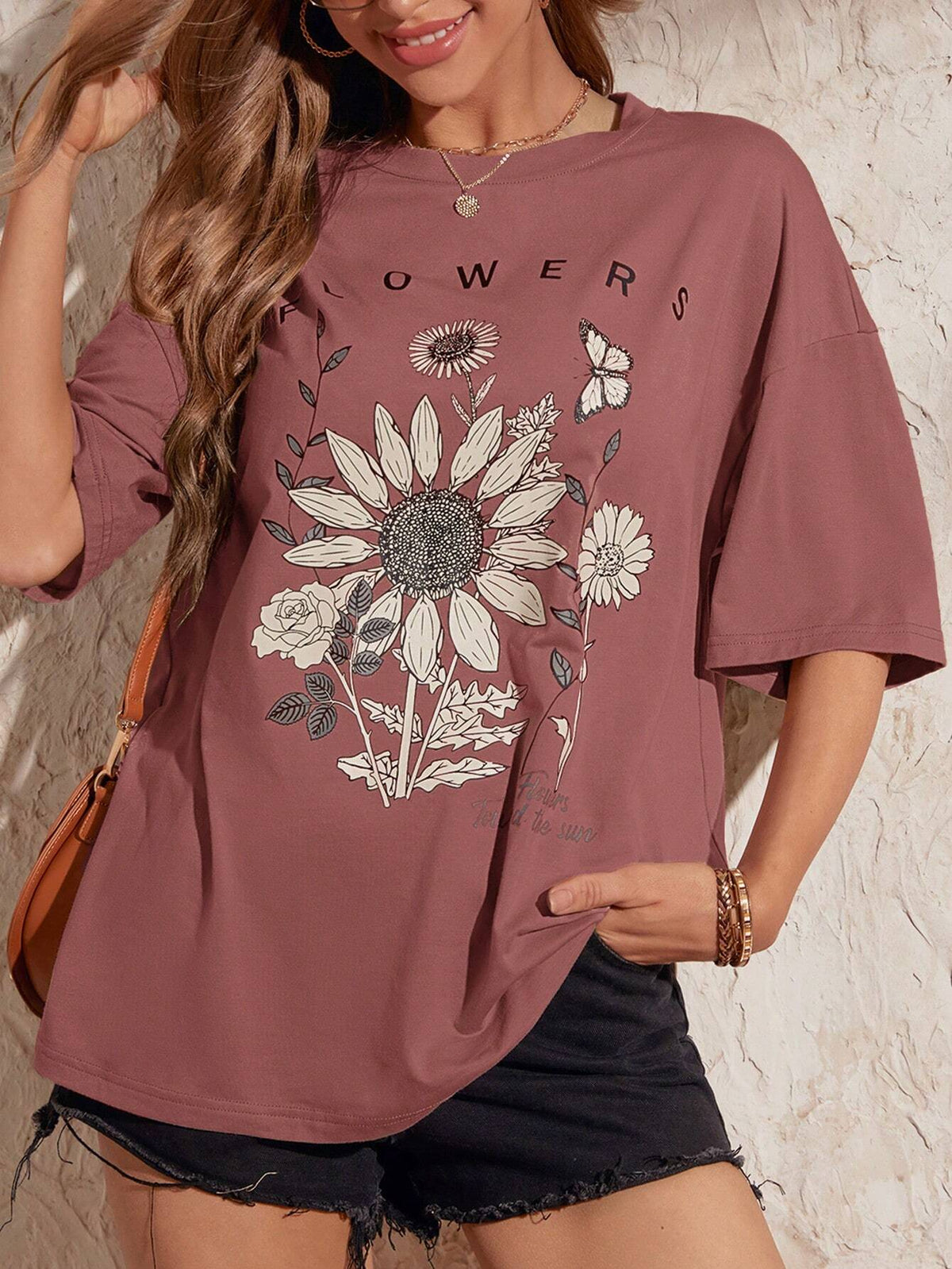 EMERY ROSE Floral & Slogan Graphic Drop Shoulder Oversized Tee