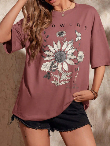EMERY ROSE Floral & Slogan Graphic Drop Shoulder Oversized Tee
