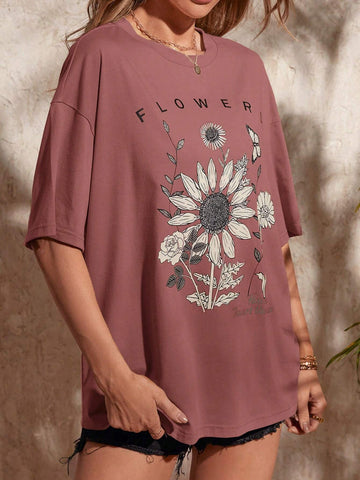 EMERY ROSE Floral & Slogan Graphic Drop Shoulder Oversized Tee