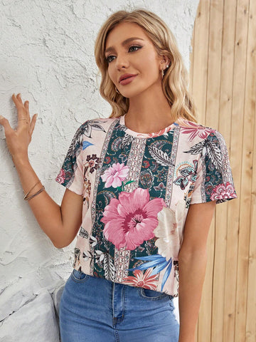 EMERY ROSE Floral Print Round Neck Tee