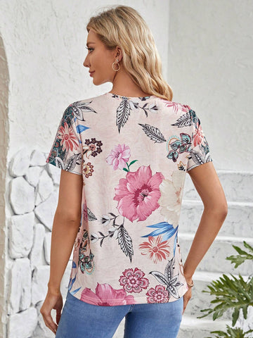 EMERY ROSE Floral Print Round Neck Tee