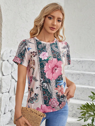 EMERY ROSE Floral Print Round Neck Tee