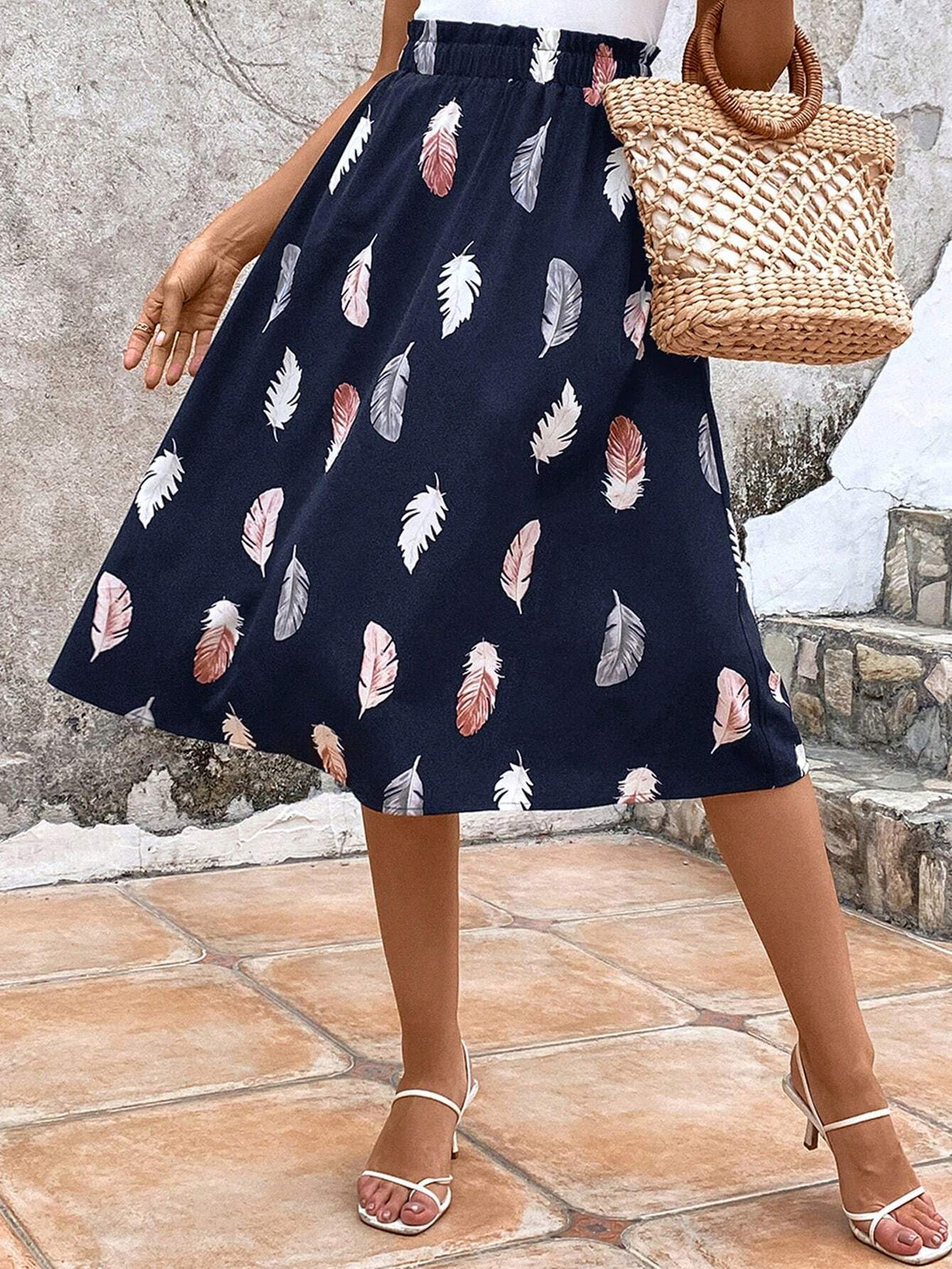 EMERY ROSE Feather Print Paperbag Waist Skirt