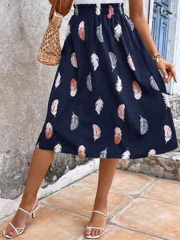 EMERY ROSE Feather Print Paperbag Waist Skirt