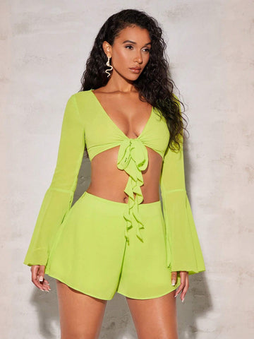 Tie Front Trumpet Sleeve Crop Top & Shorts