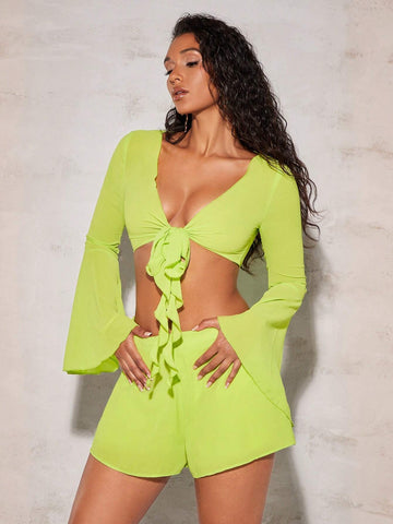 Tie Front Trumpet Sleeve Crop Top & Shorts