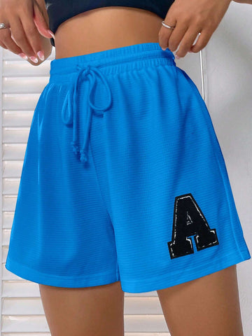 EZwear Letter Patched Drawstring Waist Shorts