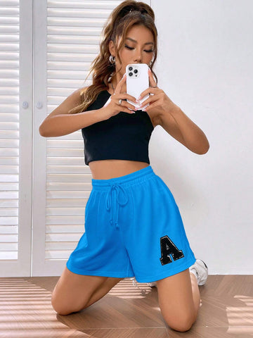 EZwear Letter Patched Drawstring Waist Shorts