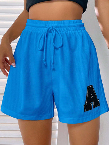 EZwear Letter Patched Drawstring Waist Shorts