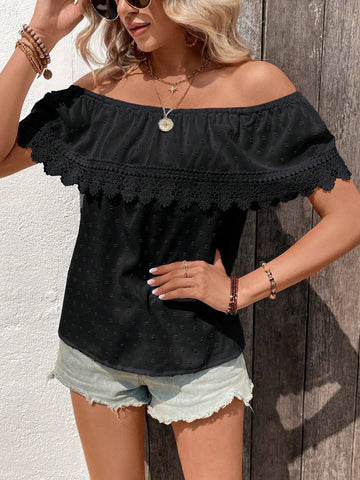 Swiss Dot Off Shoulder Guipure Lace Panel Swiss Dot Contrast Guipure Lace Blouse