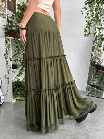 ROMWE PUNK Grunge Solid Frill Trim Ruffle Hem Skirt