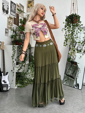 ROMWE PUNK Grunge Solid Frill Trim Ruffle Hem Skirt