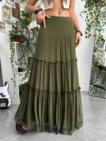 ROMWE PUNK Grunge Solid Frill Trim Ruffle Hem Skirt