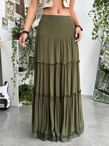 ROMWE PUNK Grunge Solid Frill Trim Ruffle Hem Skirt