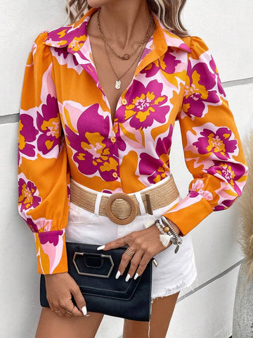 Floral Print Lantern Sleeve Shirt