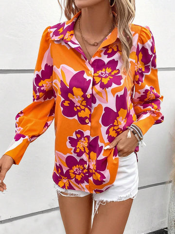 Floral Print Lantern Sleeve Shirt