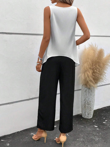 EMERY ROSE Floral Print Asymmetrical Hem Tank Top & Wide Leg Pants