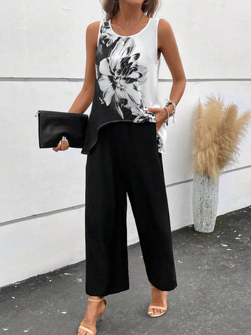 EMERY ROSE Floral Print Asymmetrical Hem Tank Top & Wide Leg Pants