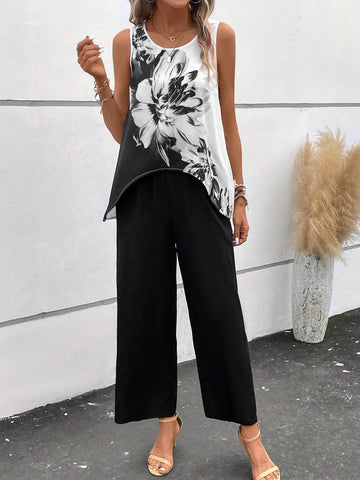 EMERY ROSE Floral Print Asymmetrical Hem Tank Top & Wide Leg Pants