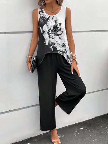 EMERY ROSE Floral Print Asymmetrical Hem Tank Top & Wide Leg Pants